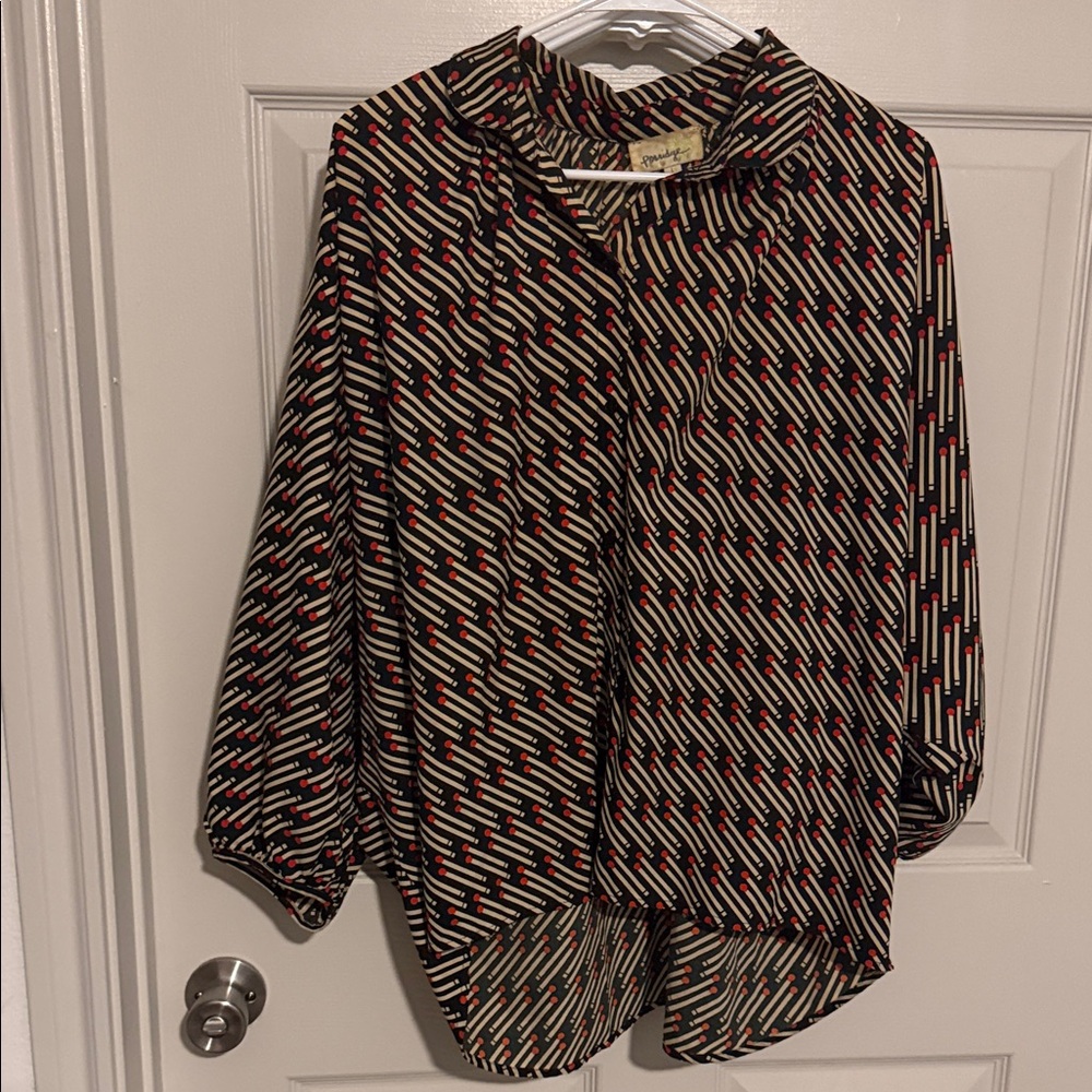 Waverly Black Geometric Tie-Neck Blouse with Red Accents
